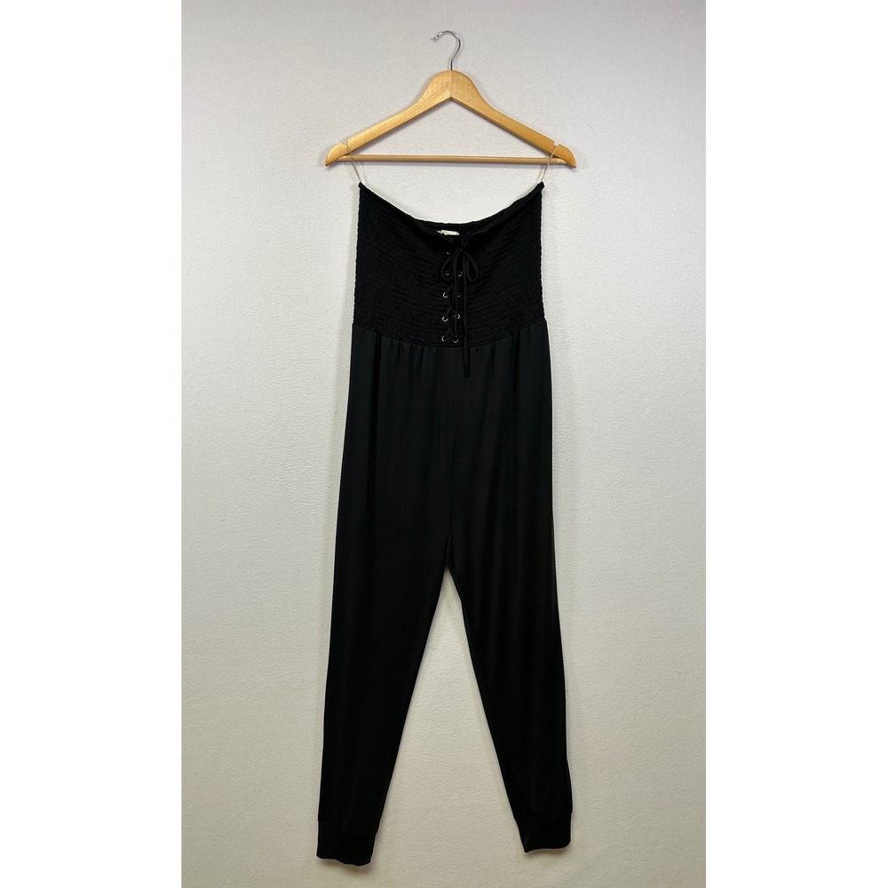 Boho Minimalist Aeropostale Womens L Black Strapless Smocked Lace Up Jumpsuit